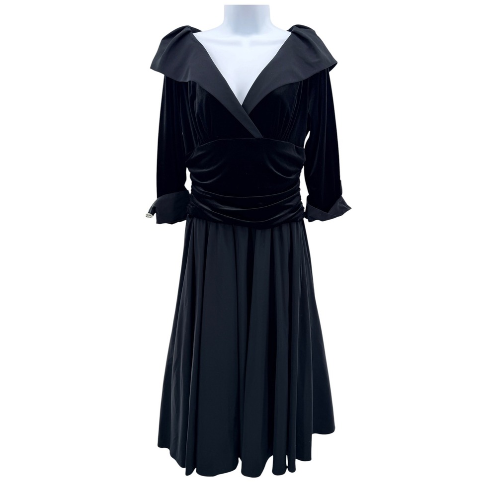 Jessica Howard Black Velvet Ruched Midi Dress Portrait Collar Rhinestone Size 12